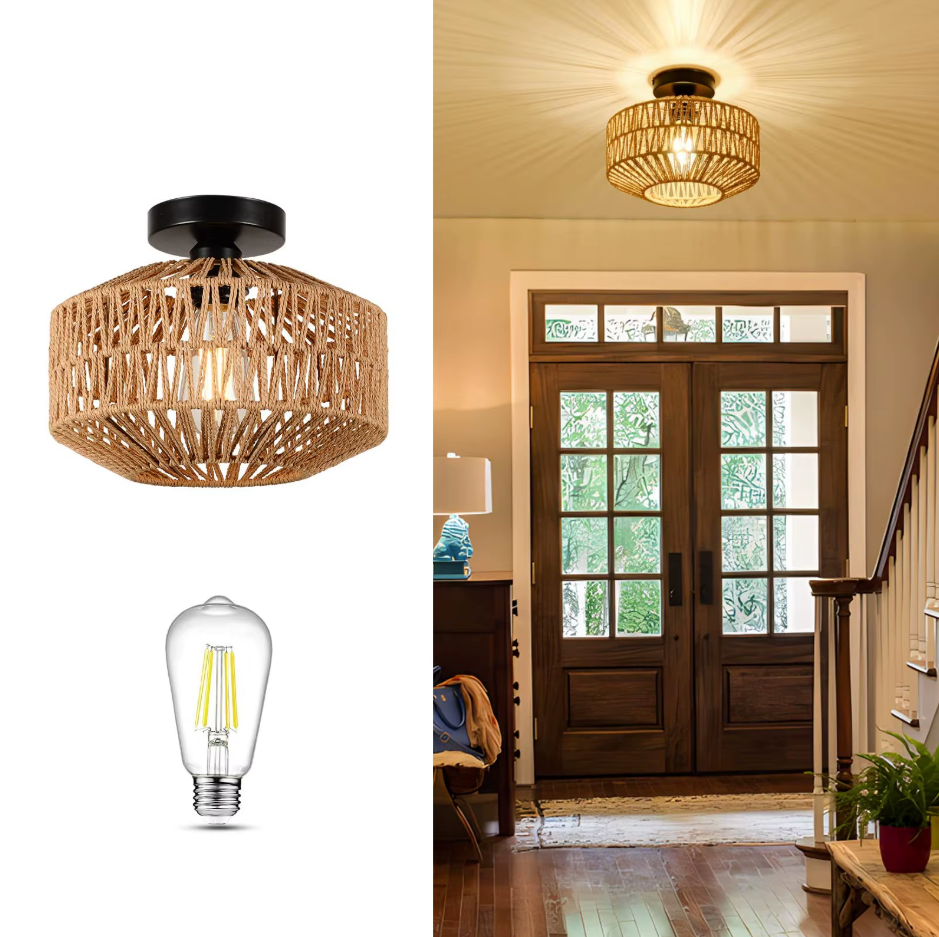 Pendant Lamp Rattan Hand Woven E27 Brown Living Room Dining Room Ceiling Light Boho Scandinavian Rustic Hanging Fixture | Thomler