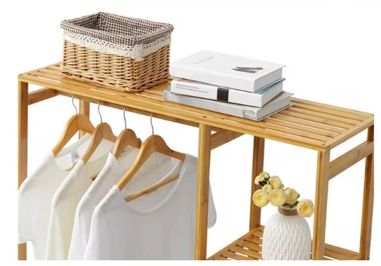 Clothes Rack Bamboo 90.0 cm Natural Bedroom Storage With Shelves Open Wardrobe Garment Organiser Shoe And Accessory Stand | Thomler
