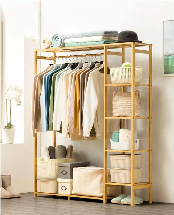 Clothes Rack Bamboo 90.0 cm Natural Bedroom Storage With Shelves Open Wardrobe Garment Organiser Shoe And Accessory Stand | Thomler