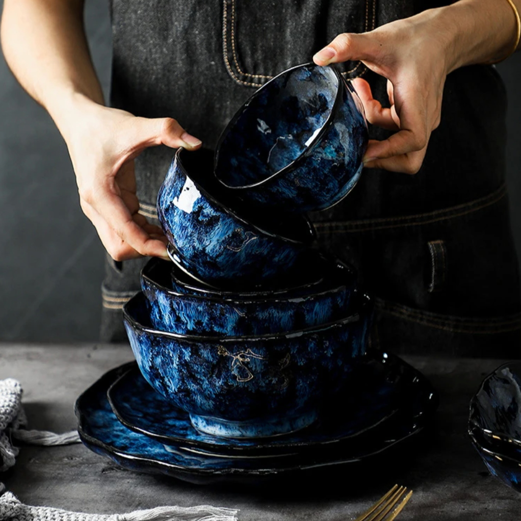 Dinnerware Set Ceramic 10-Piece 10 in Blue Starry Night Dining Tableware for Everyday Meals and Entertaining | Thomler