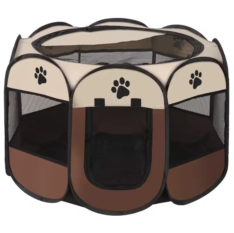 Pet Playpen Oxford Fabric 114.0 cm Brown Indoor Outdoor Puppy Cat Enclosure Foldable Portable Exercise Pen | Thomler
