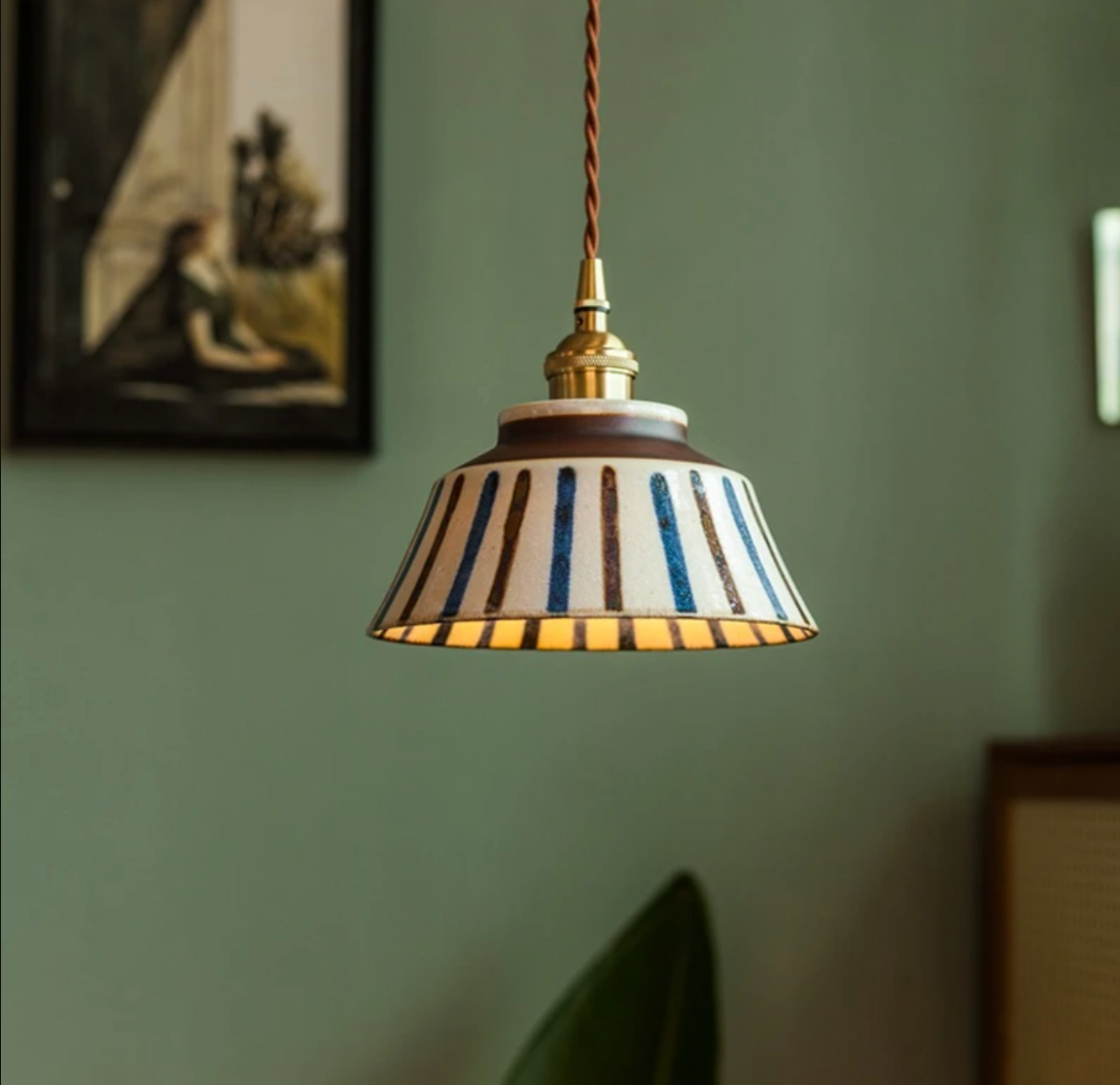 Ceramic Hanging Light Fixture with Unique Floral Designs for Kitchen, Dining Room, Cafe | Artisan Crafted Copper Hardware Pendant Lamp | Thomler