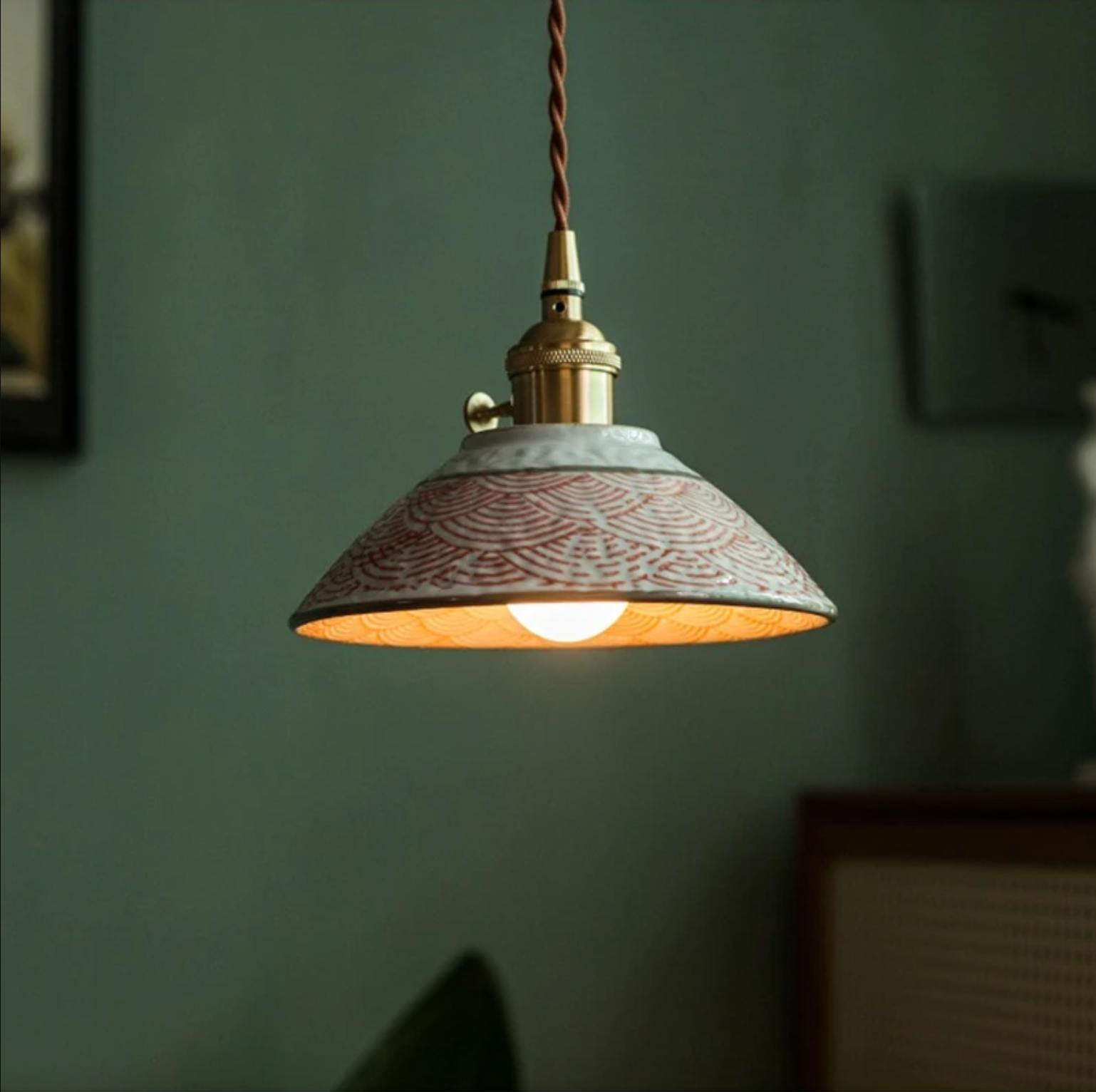 Ceramic Hanging Light Fixture with Unique Floral Designs for Kitchen, Dining Room, Cafe | Artisan Crafted Copper Hardware Pendant Lamp | Thomler