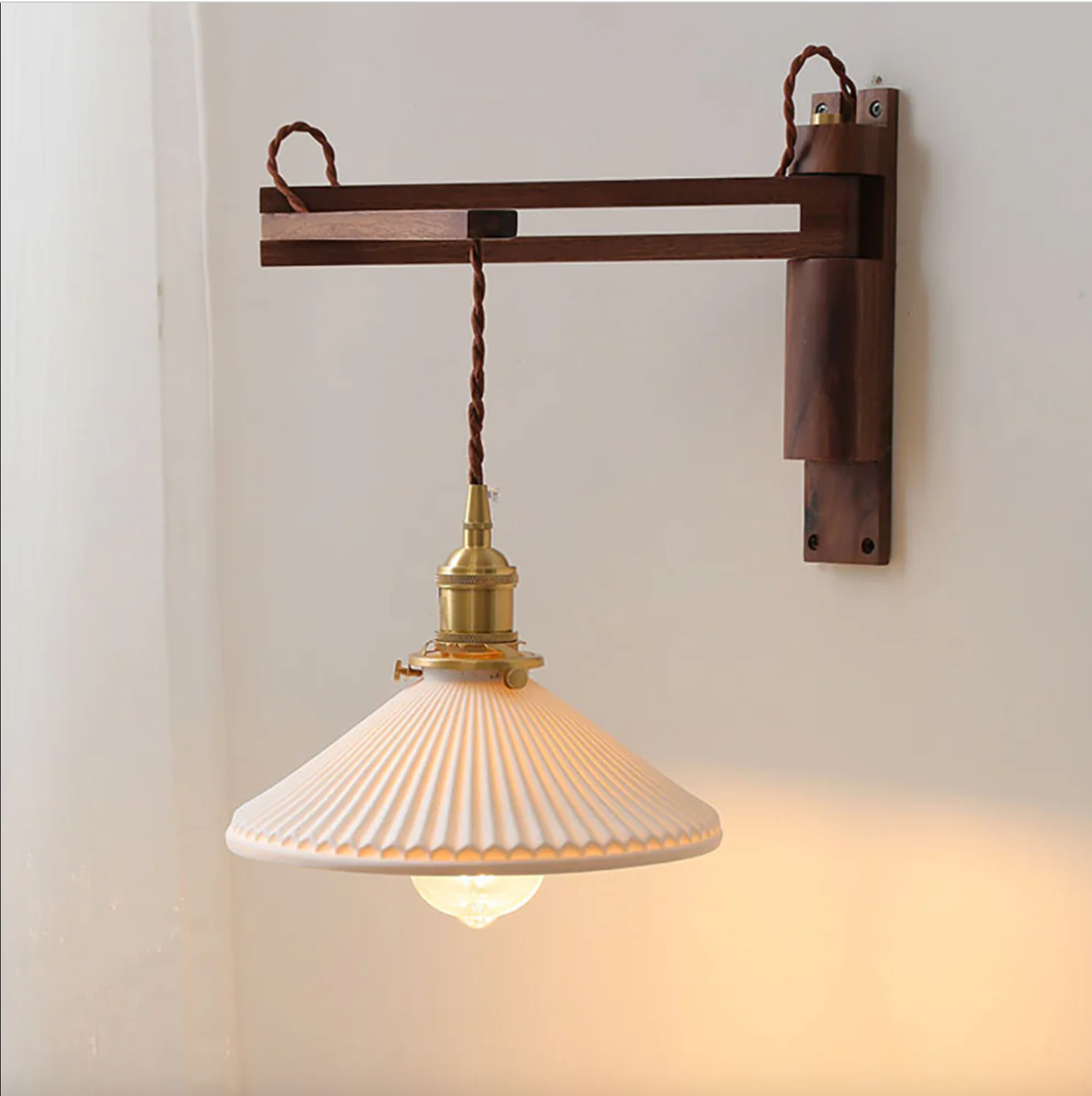 Swing Arm Ceramic Wall Sconce with Wood Bracket and Knob Switch for Bedroom Hallway Reading Nook Vintage Plug-In Lighting | Thomler