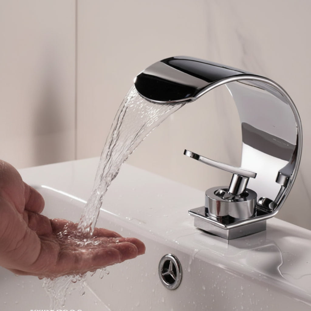 Curved Waterfall Bathroom Sink Faucet with Mirror Finish – Single Handle Hot & Cold Mixer Tap for Modern Vanity & Basin – Polished | Thomler