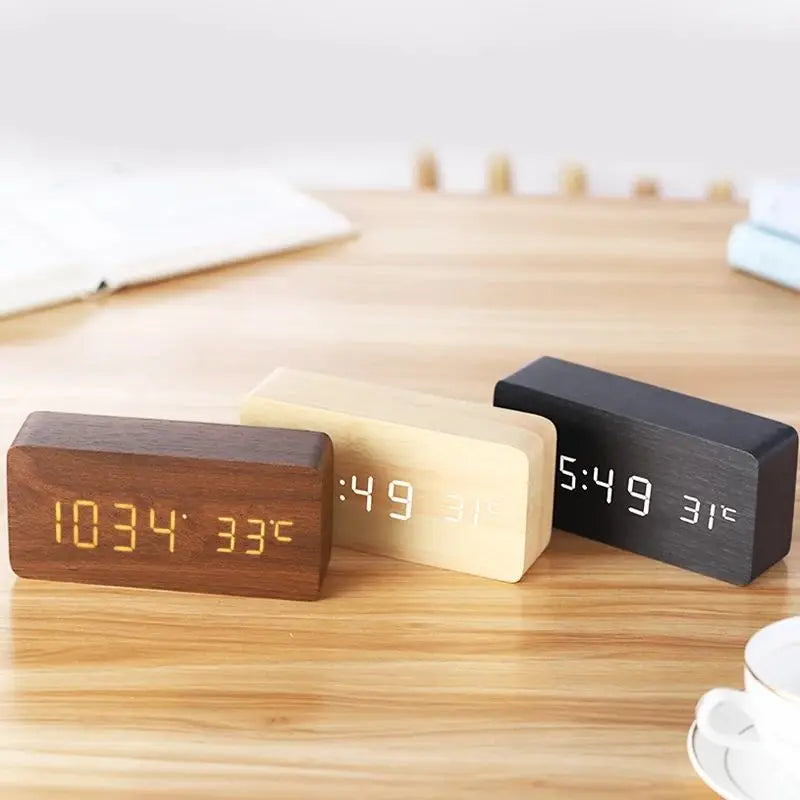 Wood Grain Digital Alarm Clock with LED Display – Silent No-Tick Design for Bedroom, Nightstand & Desk – Battery or USB Powered Timepiece | Thomler