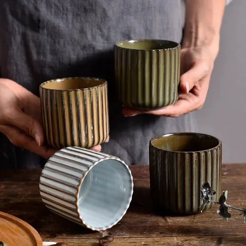 Ceramic Teacup Porcelain 180 ml 6.3 fl oz Ribbed Japanese Style Tea Coffee Sake Cup Japandi Tableware | Thomler