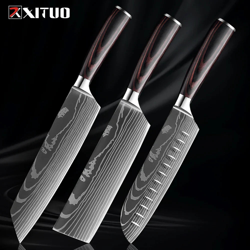 Professional Damascus-Pattern Chef's Blade Set – Hardened Steel Cutlery with Pakkawood Handles – Complete 1-9 Pc Cooking Knife Assortment | Thomler