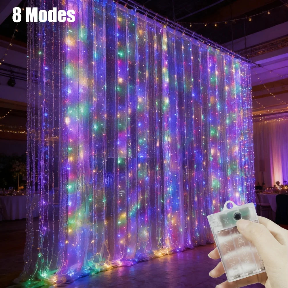 Battery-Powered LED Curtain Lights – 8 Flashing Modes, Waterfall String Lights for Bedroom, Living Room, Wedding Backdrop & Holiday Decor | Thomler