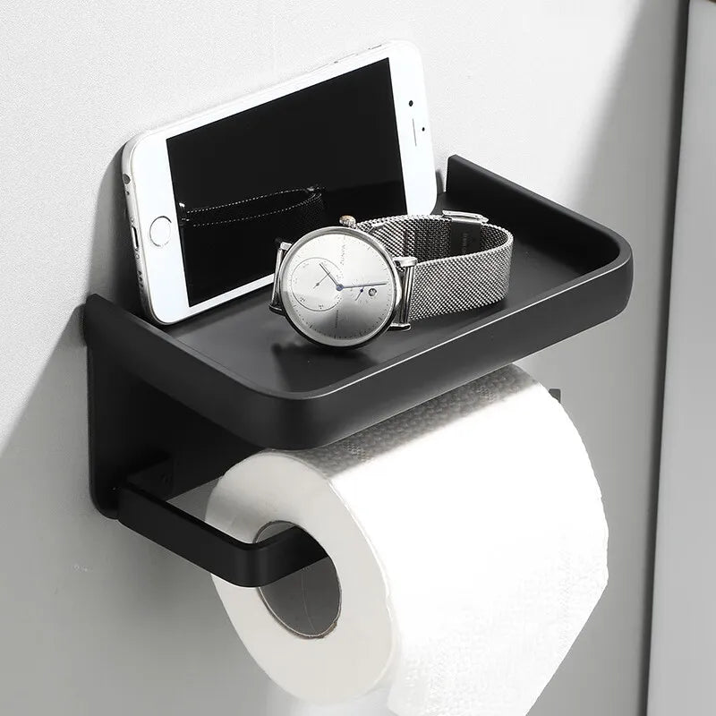Toilet Roll Holder Aluminium 18.3 cm 7.2" Black Wall Mounted Bathroom Shelf Phone Storage Organiser | Thomler