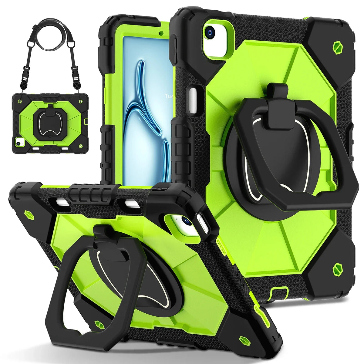 Triple-Layer iPad Protective Case with 360° Rotating Hand Grip, Integrated Kickstand & Shoulder Strap | Tempered Glass Screen Protector | Thomler