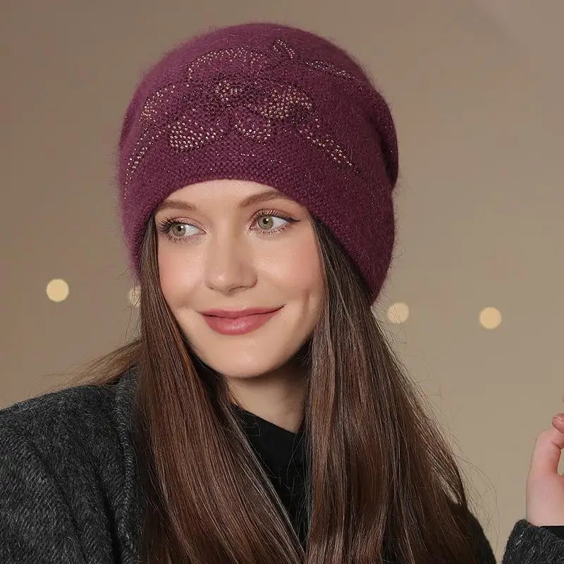 Women's Knit Beanie Hat with Floral Appliqué – Soft Acrylic & Fur-Blend Cap for Cold Weather | Thomler