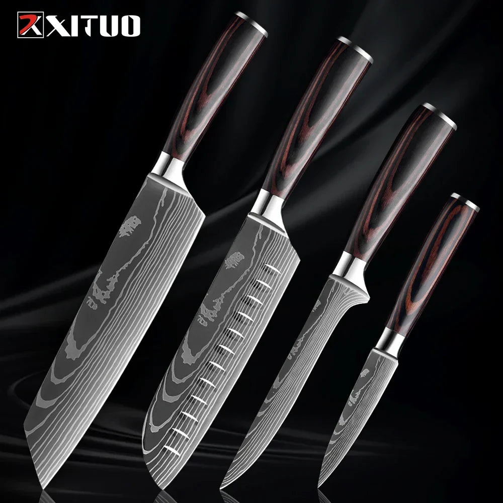 Professional Damascus-Pattern Chef's Blade Set – Hardened Steel Cutlery with Pakkawood Handles – Complete 1-9 Pc Cooking Knife Assortment | Thomler