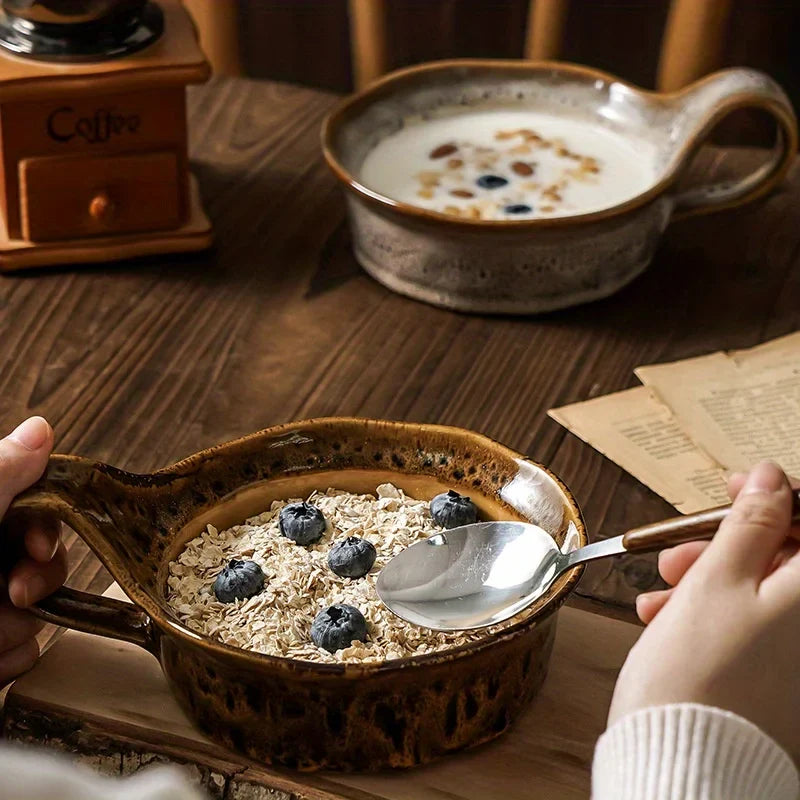 Breakfast Bowl Stoneware 6 in Rustic Ceramic Handled Dining Table Soup Salad Oatmeal Bowl | Thomler