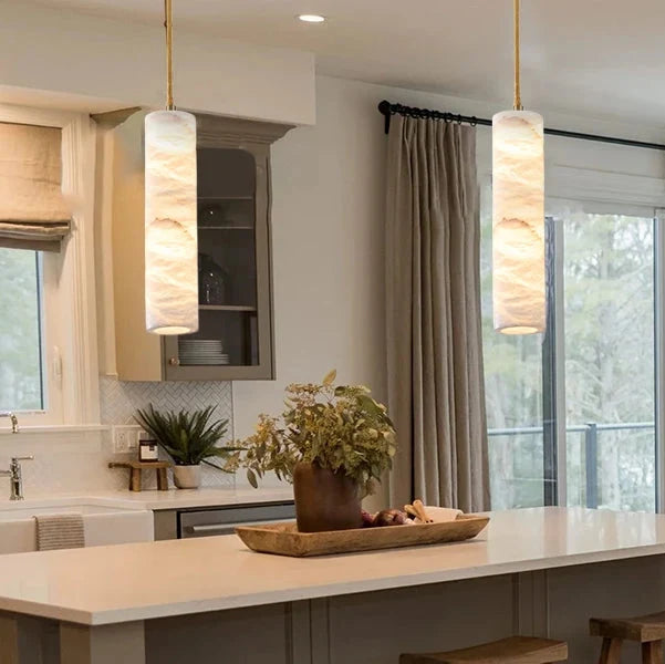 Hanging Marble Cylinder Light Fixture with Brass Hardware for Dining & Bedroom | Thomler