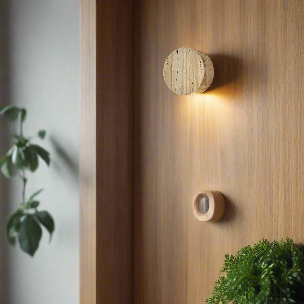 Wall Lamp Travertine Stone 3.9 in Round Frosted Glass Bedroom Hallway Ambient Up Down Light Minimalist Japandi Fixture | Thomler