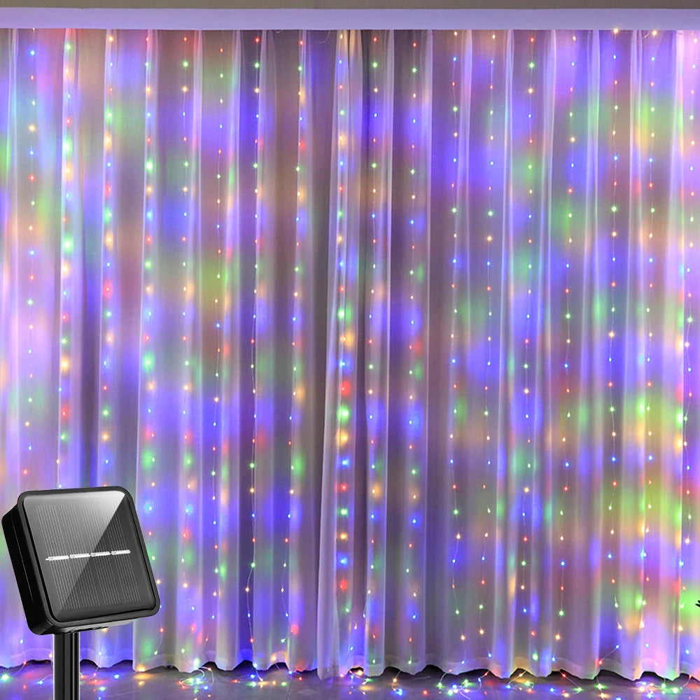 Waterproof Solar Powered Curtain String Lights 300 LED for Outdoor Yard Holiday Christmas Patio Garden Decoration | Thomler