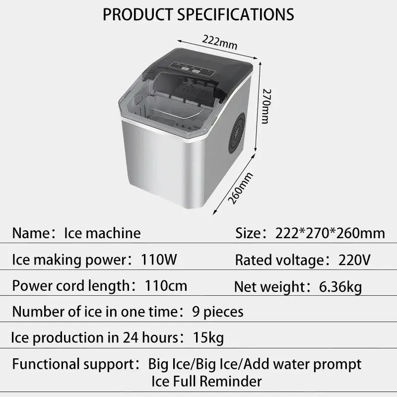 Ice Maker Stainless Steel 15.0 kg Daily Capacity Self Cleaning Kitchen Bar Office Countertop Machine Fast 9 Cube Production | Thomler