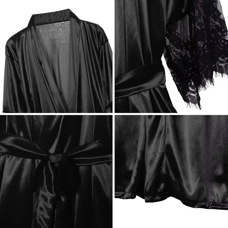Satin Floral Lace Sleepwear Robe with Matching Nightgown for Women | Thomler