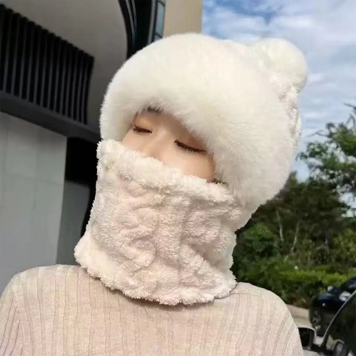 Fleece-Lined Hood Scarf Beanie Combo with Pom-Pom for Women & Men – All-in-One Neck Warmer Face Covering Cold Weather Gear for Commuting | Thomler