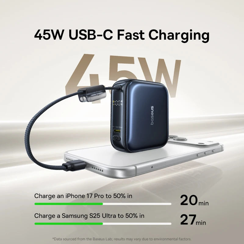10000mAh Portable Charger 45W Fast Charging Power Bank with Integrated USB-C Cord Digital Display for iPhone Samsung Android Smartphones | Thomler