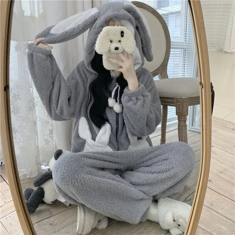 Hooded Bunny Ear One-Piece Sleepwear for Women – Soft Fleece Full-Body Pajama Jumpsuit for Cold Nights | Thomler
