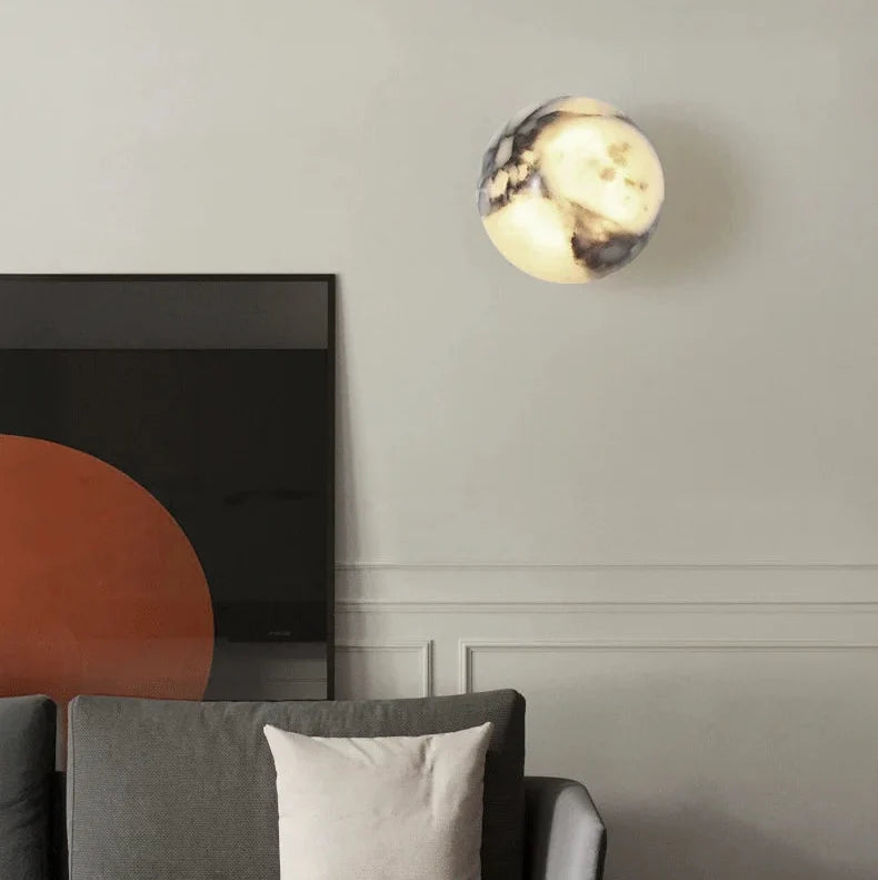 Natural Stone Sphere Wall Sconce with Dual Light Beams – Modern Marble Globe Fixture for Bedroom Foyer Study | Thomler