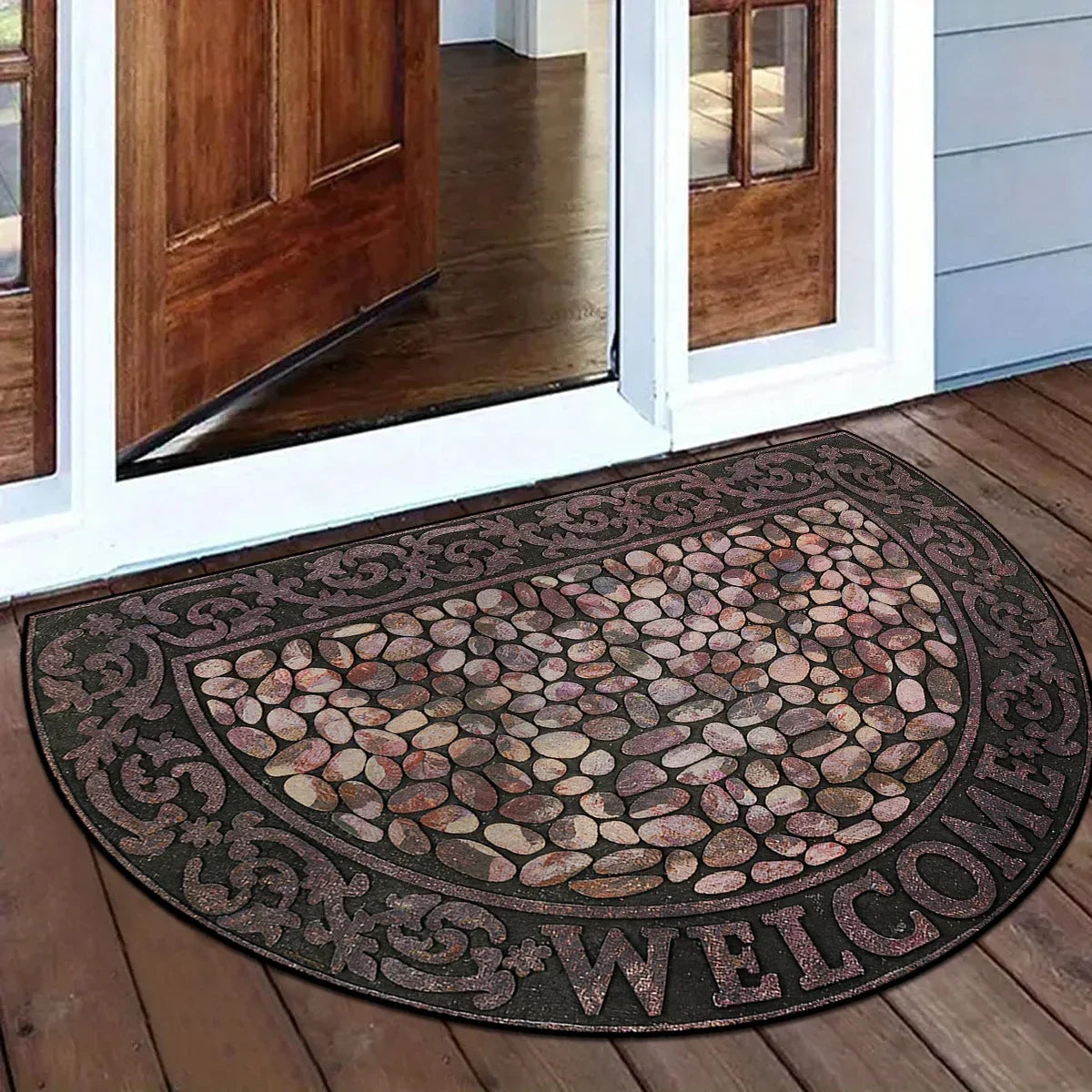 Half Circle Entryway Mat – Non-Slip Outdoor Rug with Vintage Patchwork Floral Geometric Print for Patio, Front Door, Balcony & | Thomler