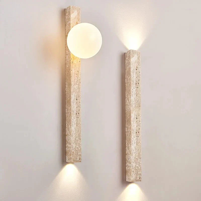 Wall Lamp Travertine Stone LED Khaki Japandi Bedroom Hallway Ambient Lighting Frosted Glass Globe Sconce | Thomler