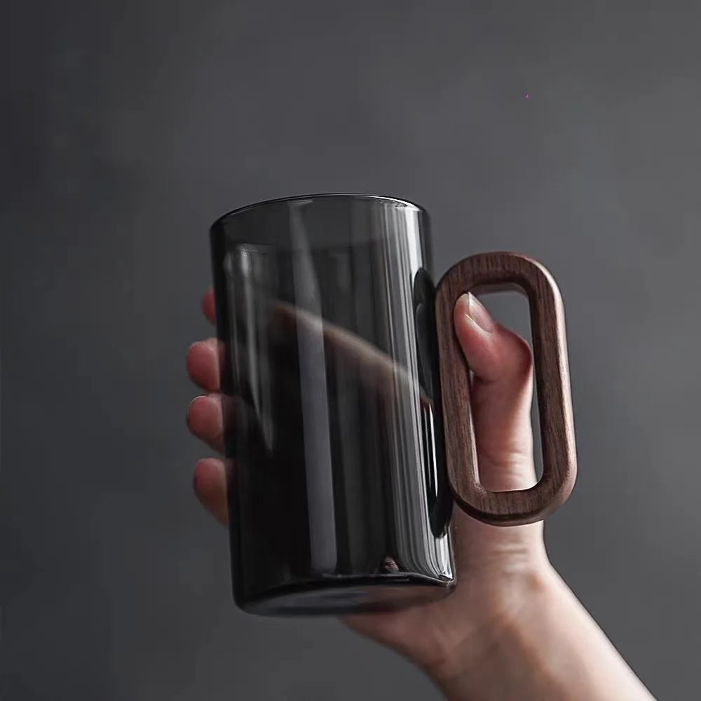 Glass Mug Heat-Resistant 4 in Wooden Handle Coffee Tea Juice Drinkware Modern Minimalist Design | Thomler