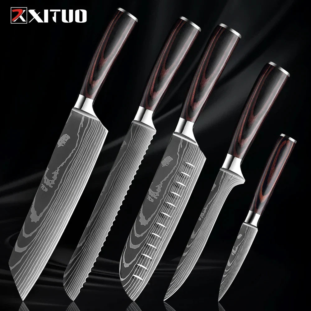 Professional Damascus-Pattern Chef's Blade Set – Hardened Steel Cutlery with Pakkawood Handles – Complete 1-9 Pc Cooking Knife Assortment | Thomler