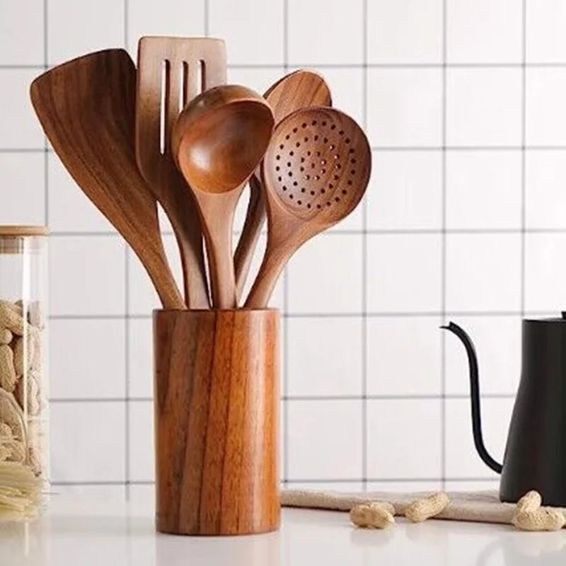 Natural Teak Wood Cooking Utensil Set for Kitchen & Dining | Eco-Friendly Solid Hardwood Spatula Spoon Tool Collection | Heat-Resistant | Thomler