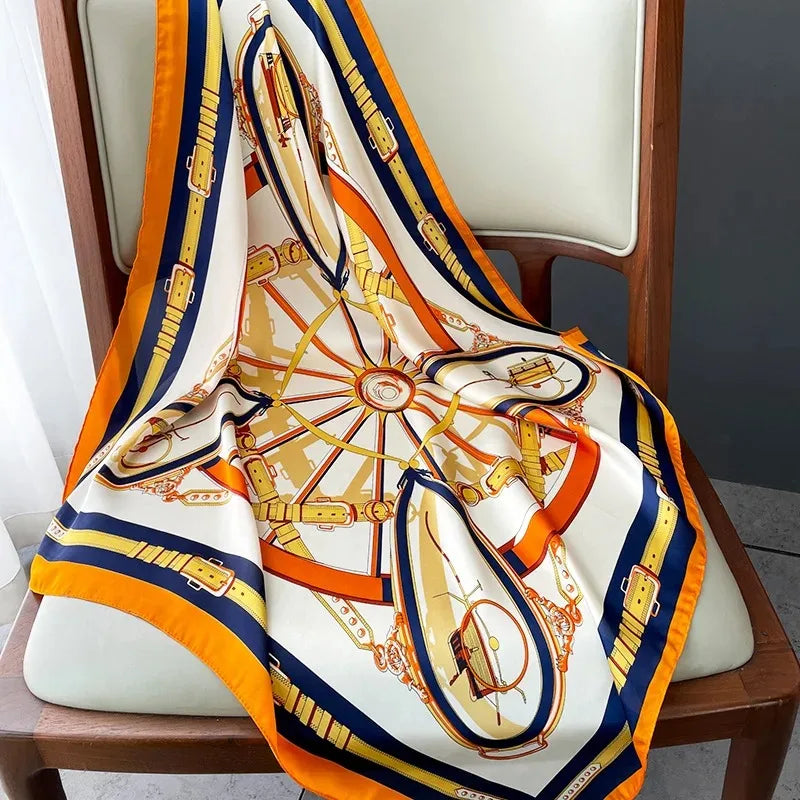 Women's Silky Square Neck Scarf with Chain Print – Hair Tie, Purse Accent & Headwrap | Thomler