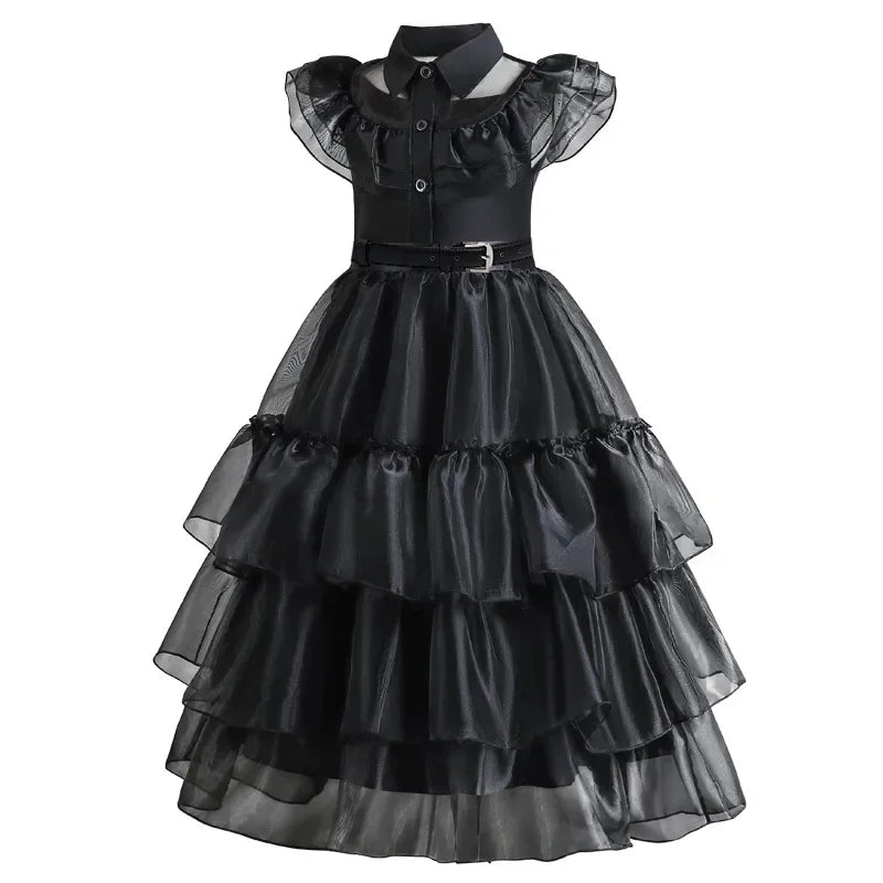 Girls Gothic Tiered Dress with Lace Panel Sleeves – Mid-Calf Costume for Halloween & Parties | Thomler