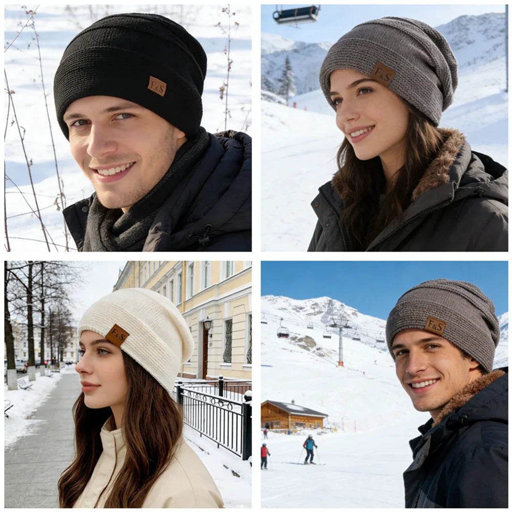 Relaxed Fit Knit Beanie with Plush Fleece Lining for Men & Women – Cold-Weather Slouch Cap with Badge Detail | Thomler