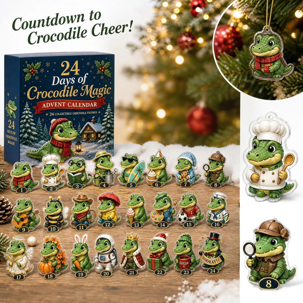24-Day Holiday Countdown Calendar with Acrylic Character Ornaments for Desk and Tree Decorating | Thomler