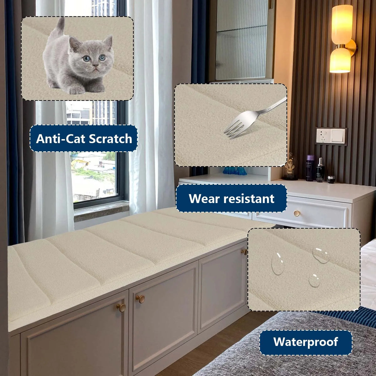 Plush Teddy Seat Pad Rectangle Bench Cushion Non-Slip Indoor Outdoor Window Seat Couch Floor Cushion Bay Window Mat 45D Foam Customizable | Thomler