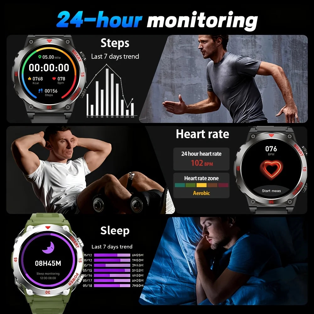 Round Fitness Tracker with Built-In Flashlight & Bluetooth Calling – 1.52" HD Display, Heart Rate Monitor, Magnetic Charging for Outdoor | Thomler