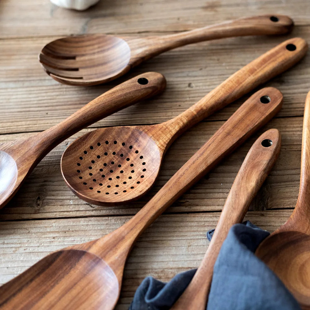 Natural Teak Wood Cooking Utensil Set for Kitchen & Dining | Eco-Friendly Solid Hardwood Spatula Spoon Tool Collection | Heat-Resistant | Thomler