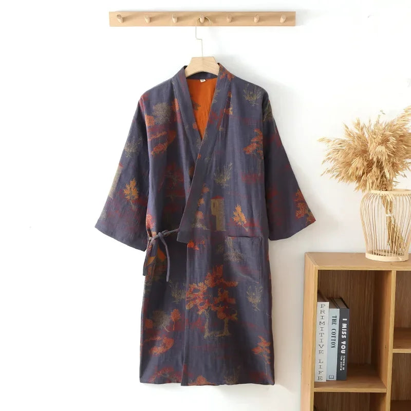 Cotton Kimono Robe for Men – Lightweight Printed Spa Wrap with V-Neck & Tie Belt for Lounge, Bath & Sauna | Thomler