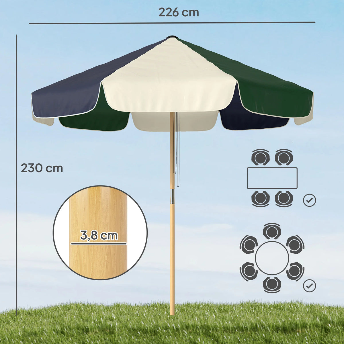 7.5 ft Two-Tone Patio Umbrella with Rope Pulley System – Wood-Look Pole, UPF 30+ Sun Protection for Deck, Garden, Beach | Thomler