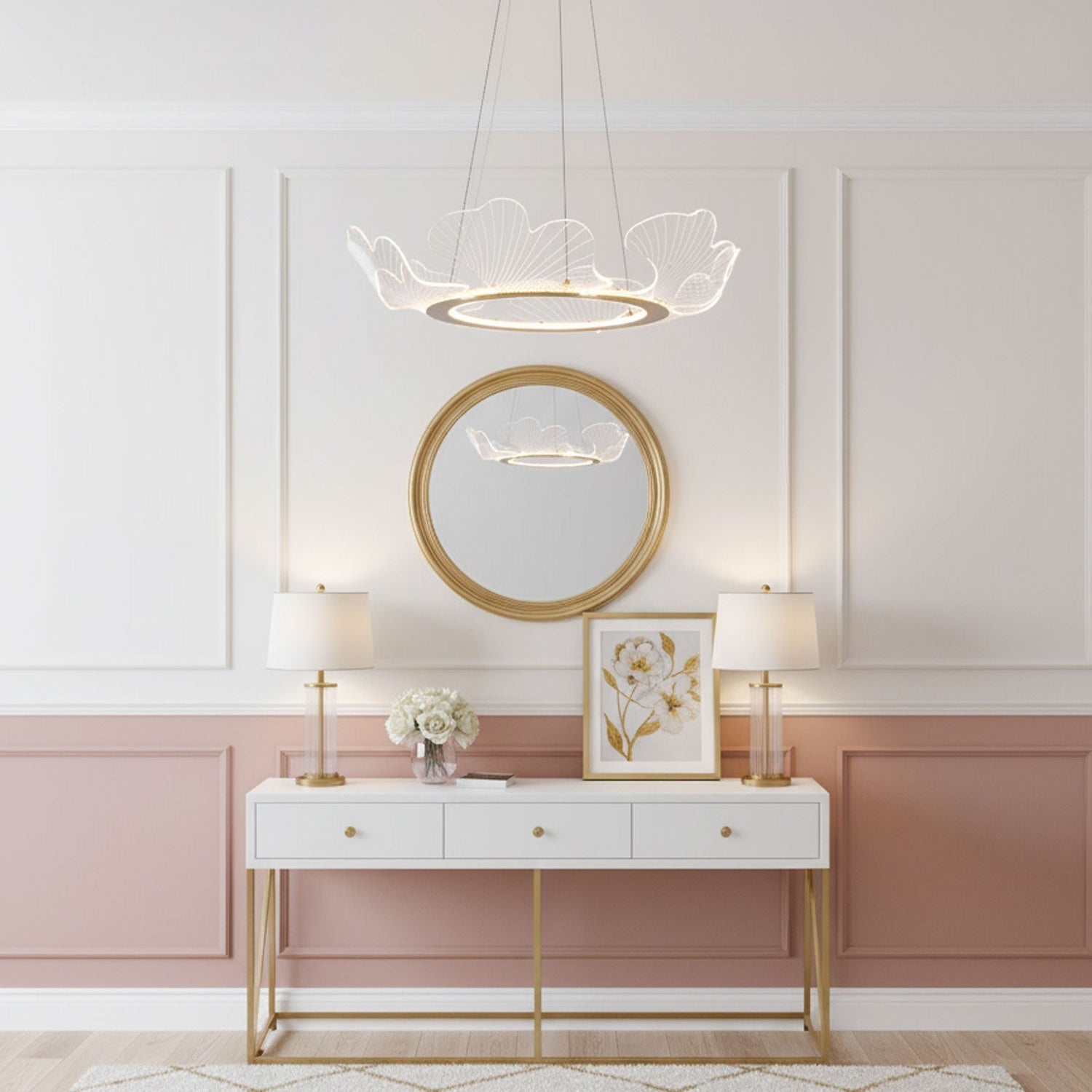 Metal Leaf Ceiling Light 26.7 in Round Gold Office Living Room Kitchen Fixture Adjustable LED | Thomler