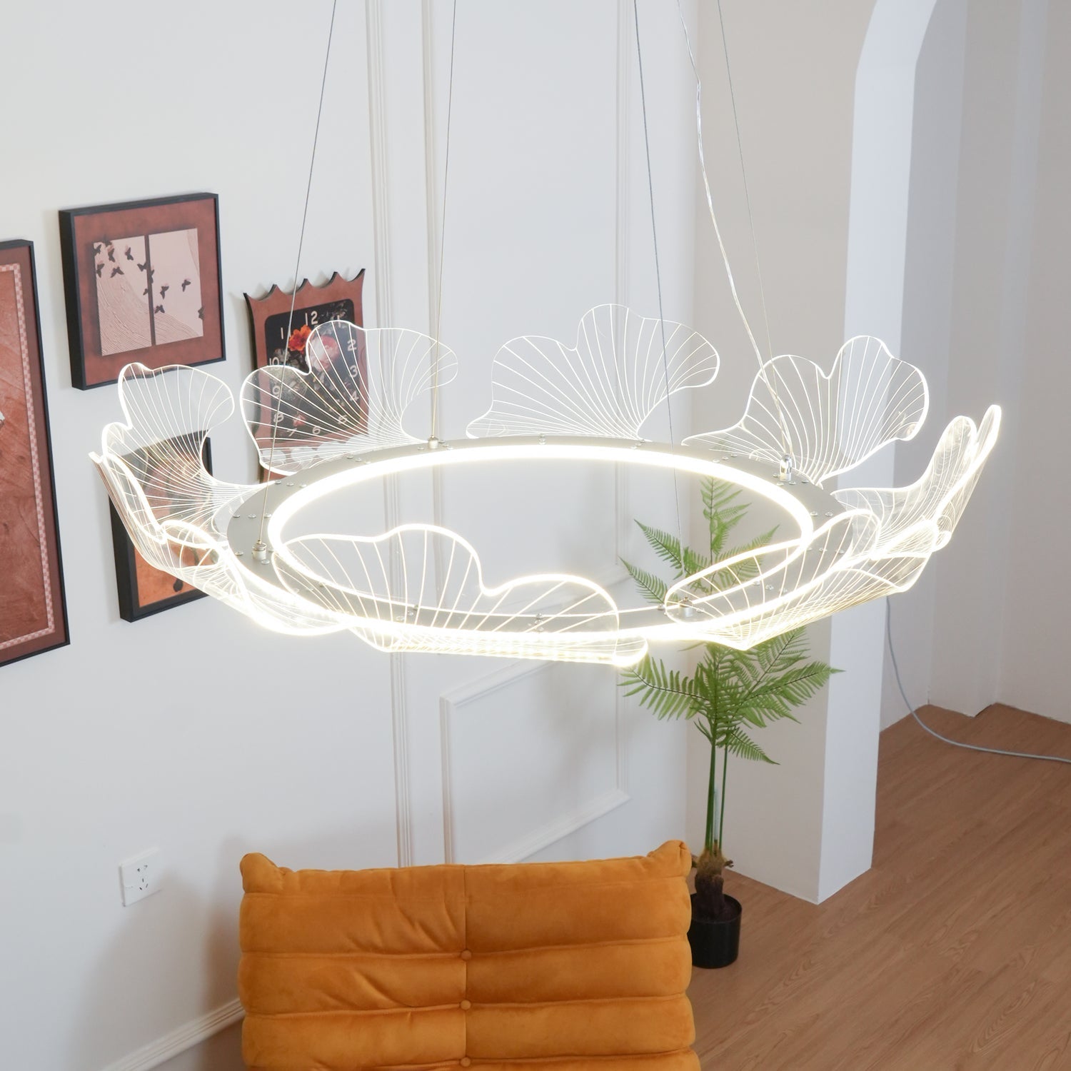 Metal Leaf Ceiling Light 26.7 in Round Gold Office Living Room Kitchen Fixture Adjustable LED | Thomler