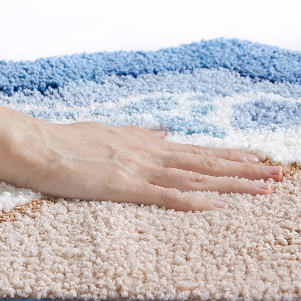 Bath Mat Microfiber 80.0 cm Blue Beige Non Slip Bathroom Shower Absorbent Floor Rug | Thomler