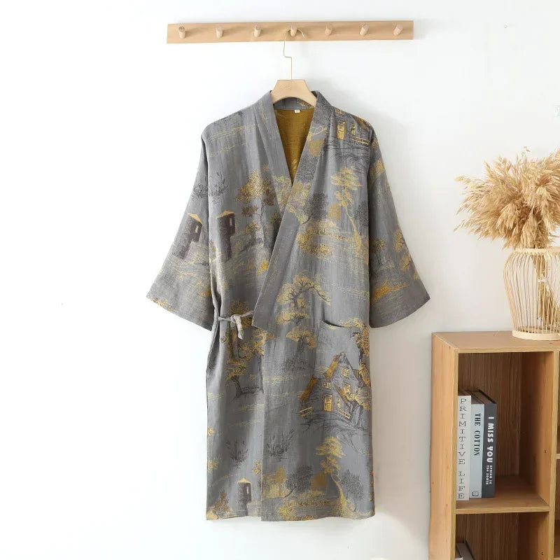 Cotton Kimono Robe for Men – Lightweight Printed Spa Wrap with V-Neck & Tie Belt for Lounge, Bath & Sauna | Thomler