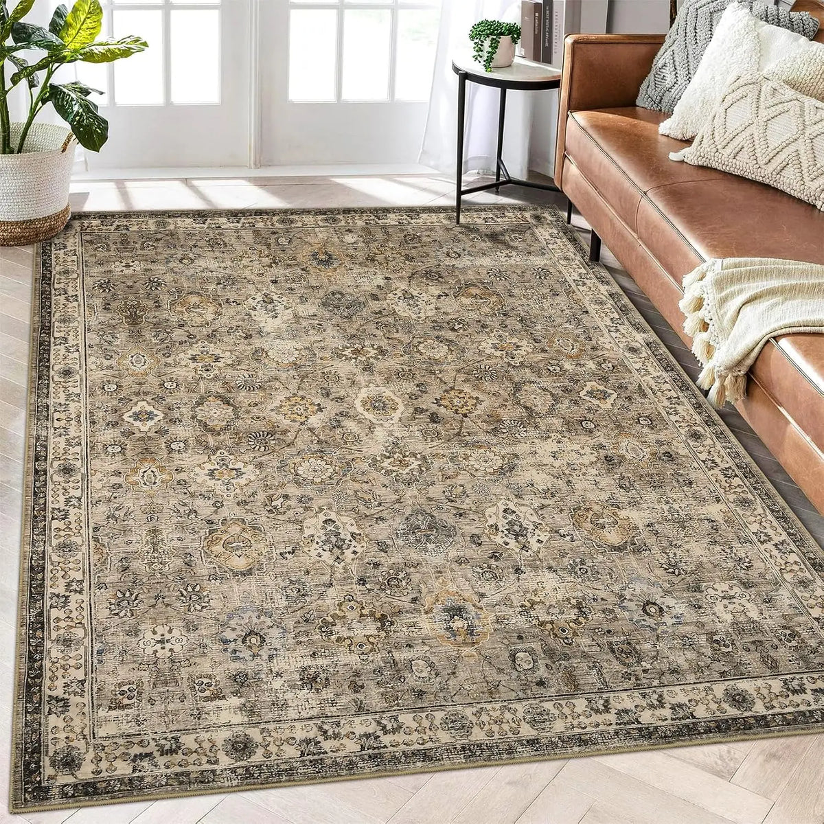 Non-Slip Vintage Area Rug for Entry, Kitchen, Bedroom | Gray Short Pile Washable Runner | Thomler