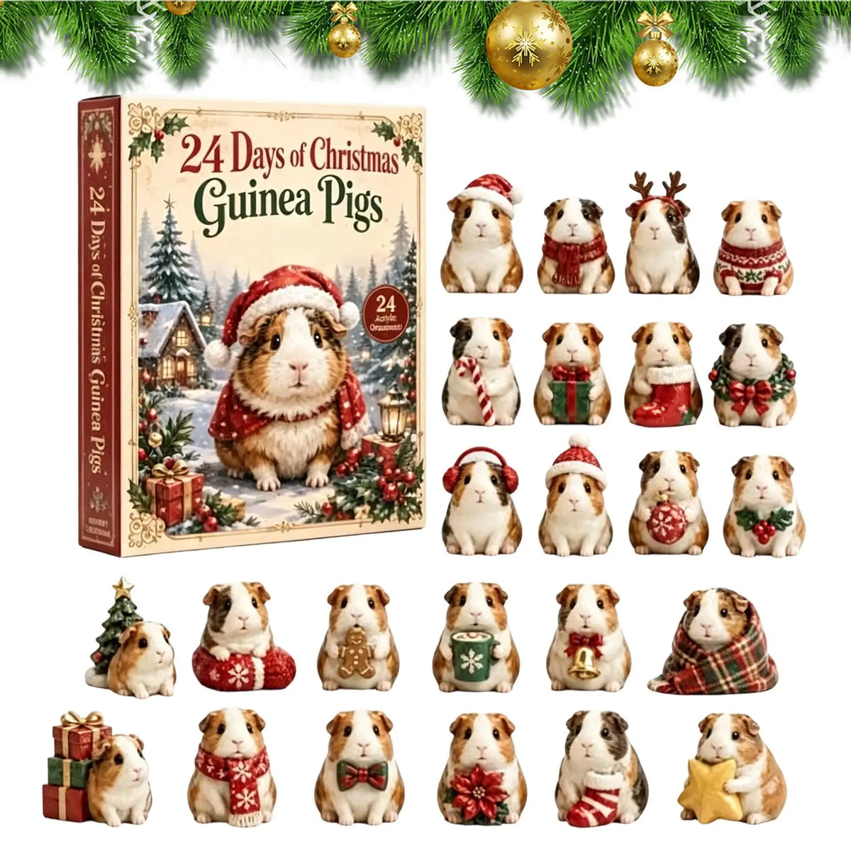24-Day Holiday Countdown Calendar with Adorable Guinea Pig Charms for Christmas Tree Display | Thomler