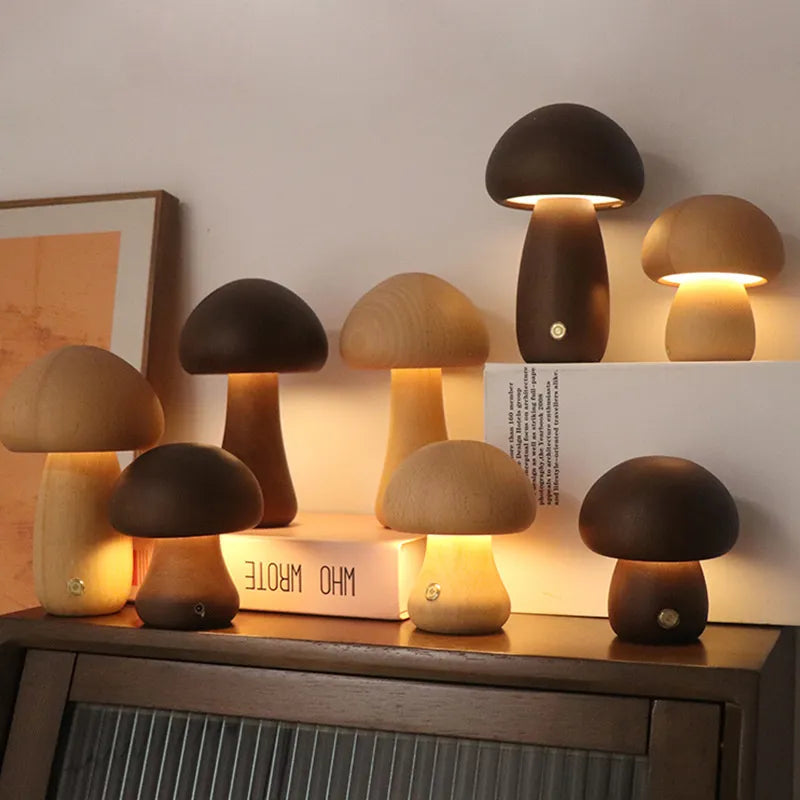 Rechargeable LED Mushroom Night Light with Touch Dimmer for Bedside, Nursery & Kids Room | Cordless Wooden Lamp | Thomler