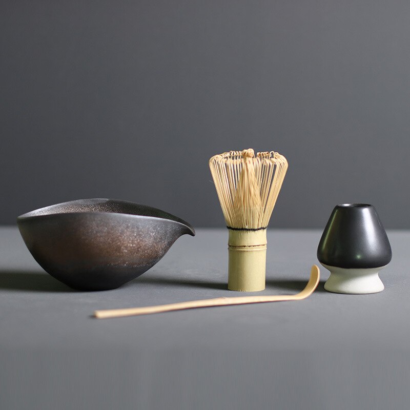 Ceremonial Matcha Tea Preparation Kit — Bamboo Whisk, Ceramic Bowl, Scoop & Holder — 4-Piece Japanese Tea Set for Home Brewing | Thomler