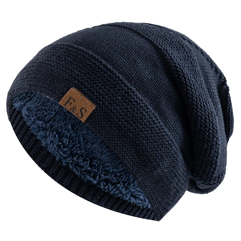 Relaxed Fit Knit Beanie with Plush Fleece Lining for Men & Women – Cold-Weather Slouch Cap with Badge Detail | Thomler